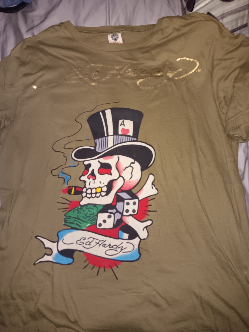 Ed Hardy Olive Short-Sleeve Tee with Multicolor Skull Top Hat Graphic